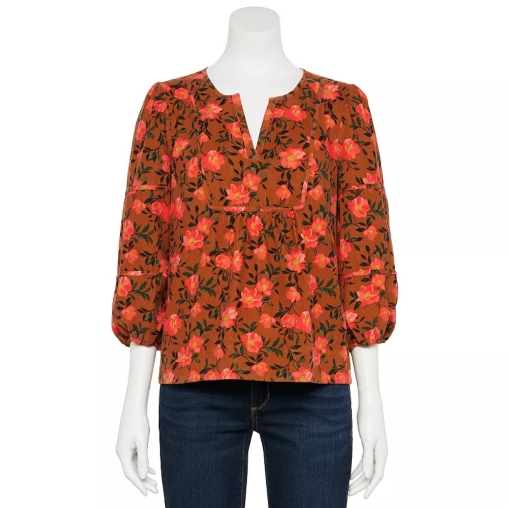 Boho Floral Corduroy Blouse • Sonoma Petite Large_ Rust & Pink Cottagecore Top